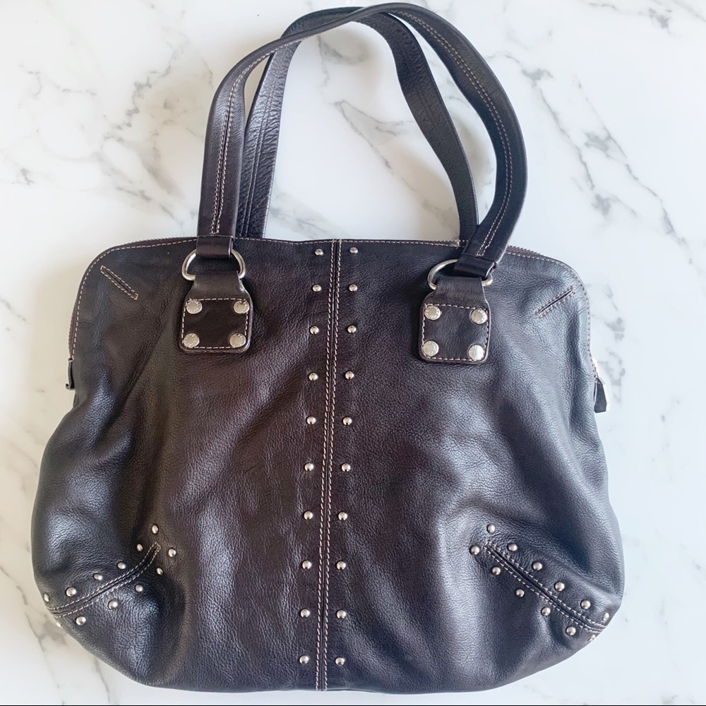 PRÜNE Chocolate Brown Silver Studded Leather Tote - Picture 2 of 8